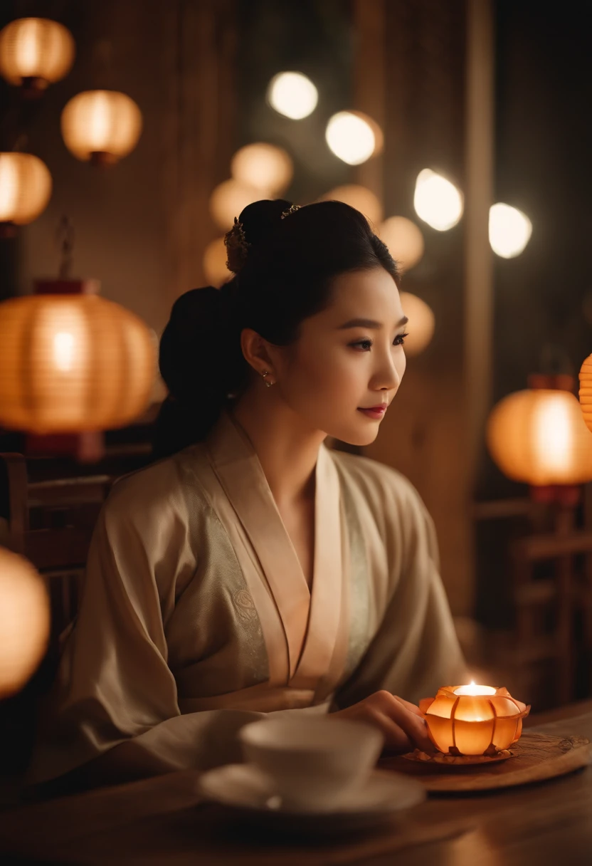 1womanl, 24 years of age,Chinese female celebrity,Chinese costumes,Gorgeous,the night,Ancient Chinese architecture,(Chinese elements,Wooden dining table,Mooncakes,Mid-Autumn Festival elements,themoon),