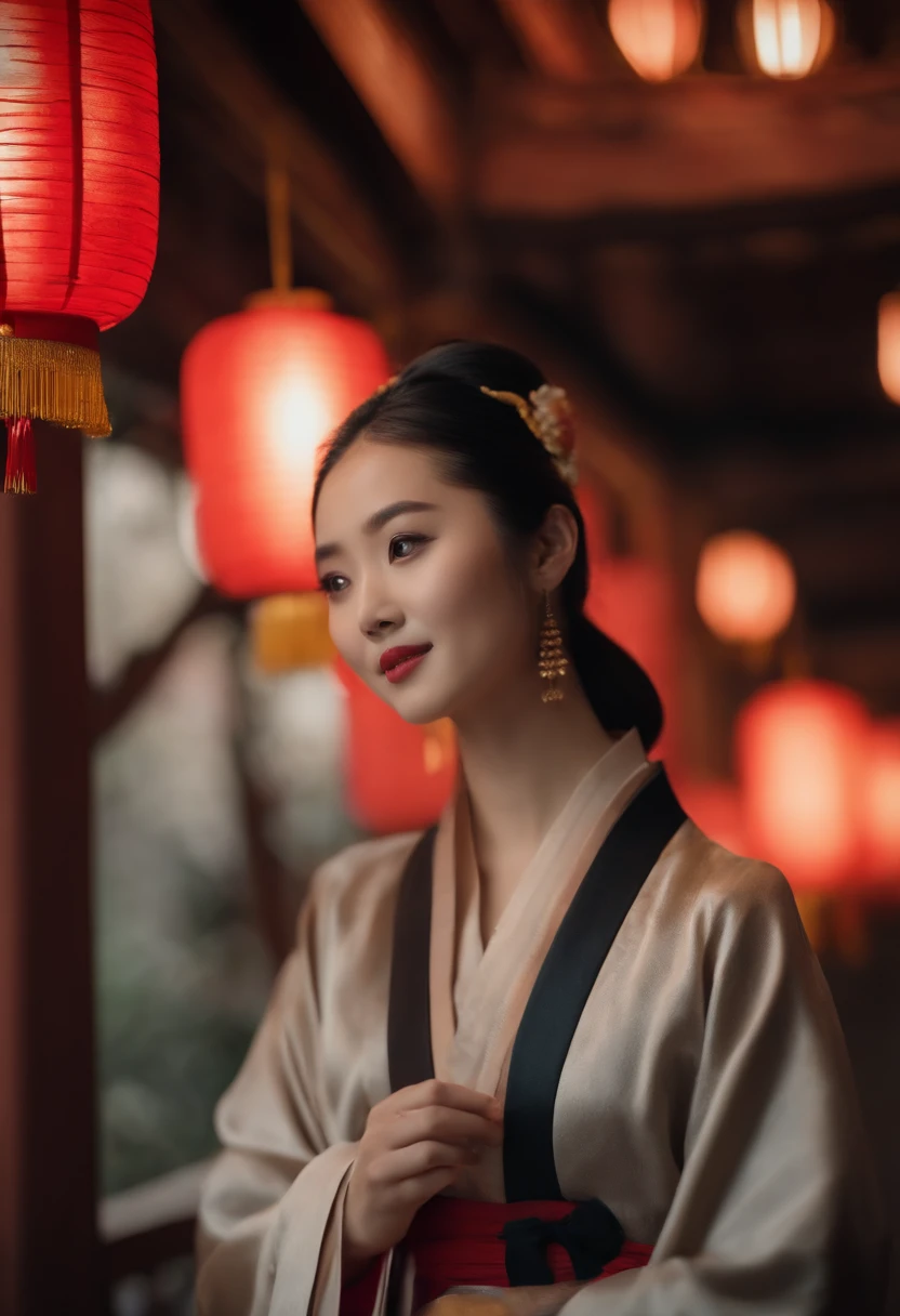 1womanl, 24 years of age,Chinese female celebrity,Chinese costumes,Gorgeous,the night,Ancient Chinese architecture,(Chinese elements,Wooden dining table,Mooncakes,Mid-Autumn Festival elements,themoon),