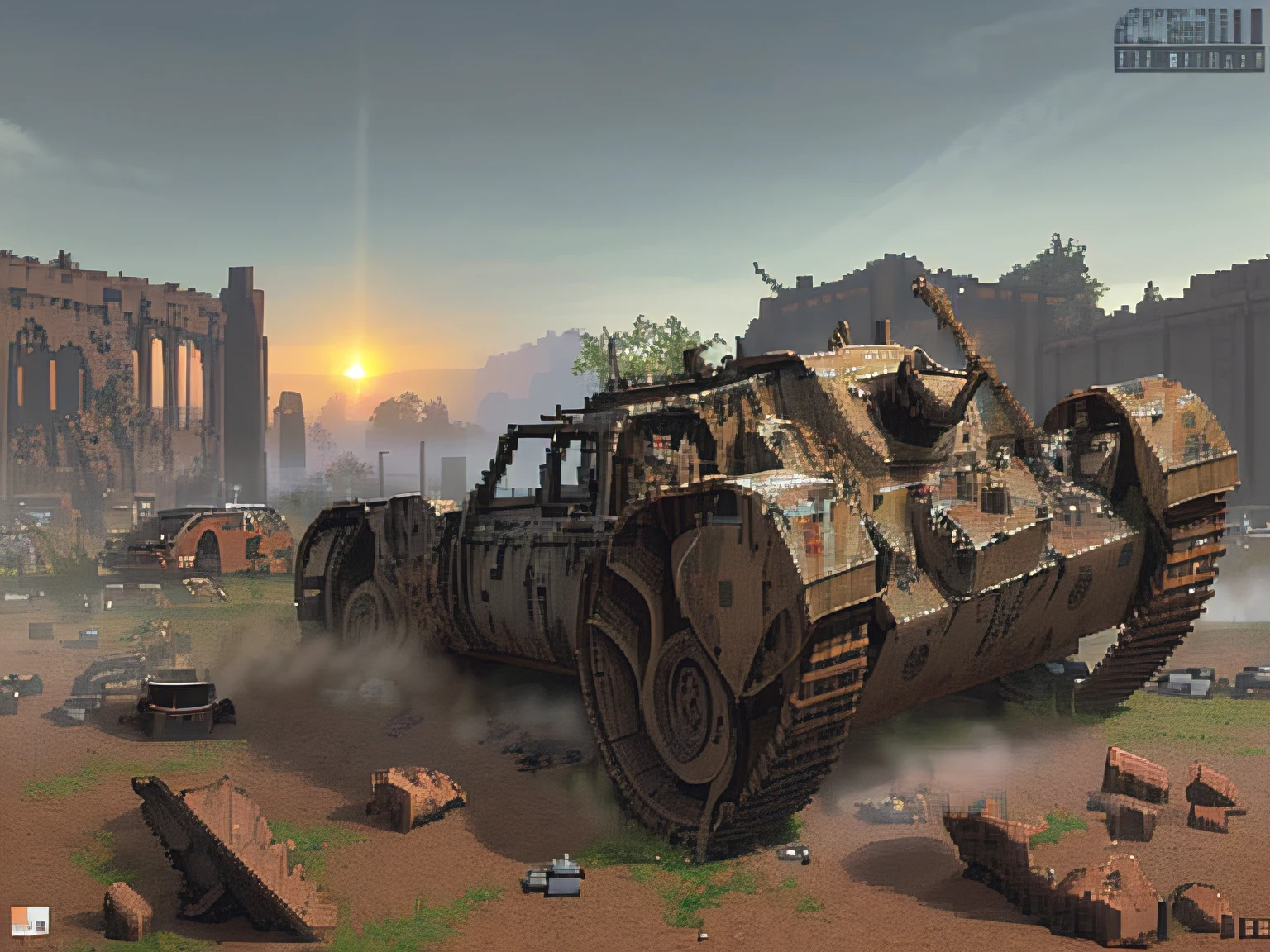 Pixel Art Battlefield Landscape. evening. 3D pixel art 4K wallpaper. Incredible pixel art details. Pixel art. ruins. crater、Tank wreckage、Wreckage of a fighter, low resolution