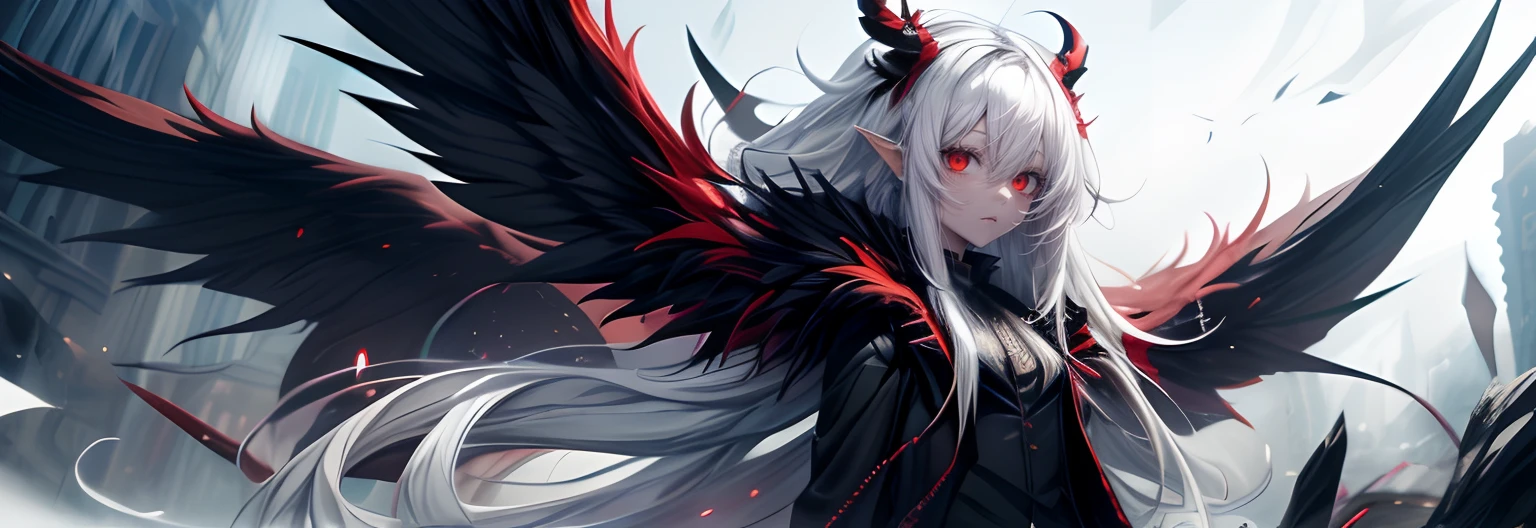 , 1demon,With small wings on its back, white wings, long ears, messy hair, albino red eyes, black suit, black hair, multicolored hair, white hair