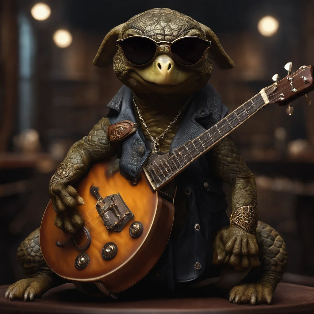 (1 dog (anthropomorphic turtle,))wearing a choker,with tattoos, sunglasses, Black leather jacket,black glove,(There are guitars),Masterpiece, Centered, symetry,expert, insanely details, 4K, composition, The frames, picure, Intricate, voluminetric lighting, Beautiful, rich deep colors masterpiece, Sharp focus, Ultra detailed, in the style of dan mumford and marc simonetti, astrophotography