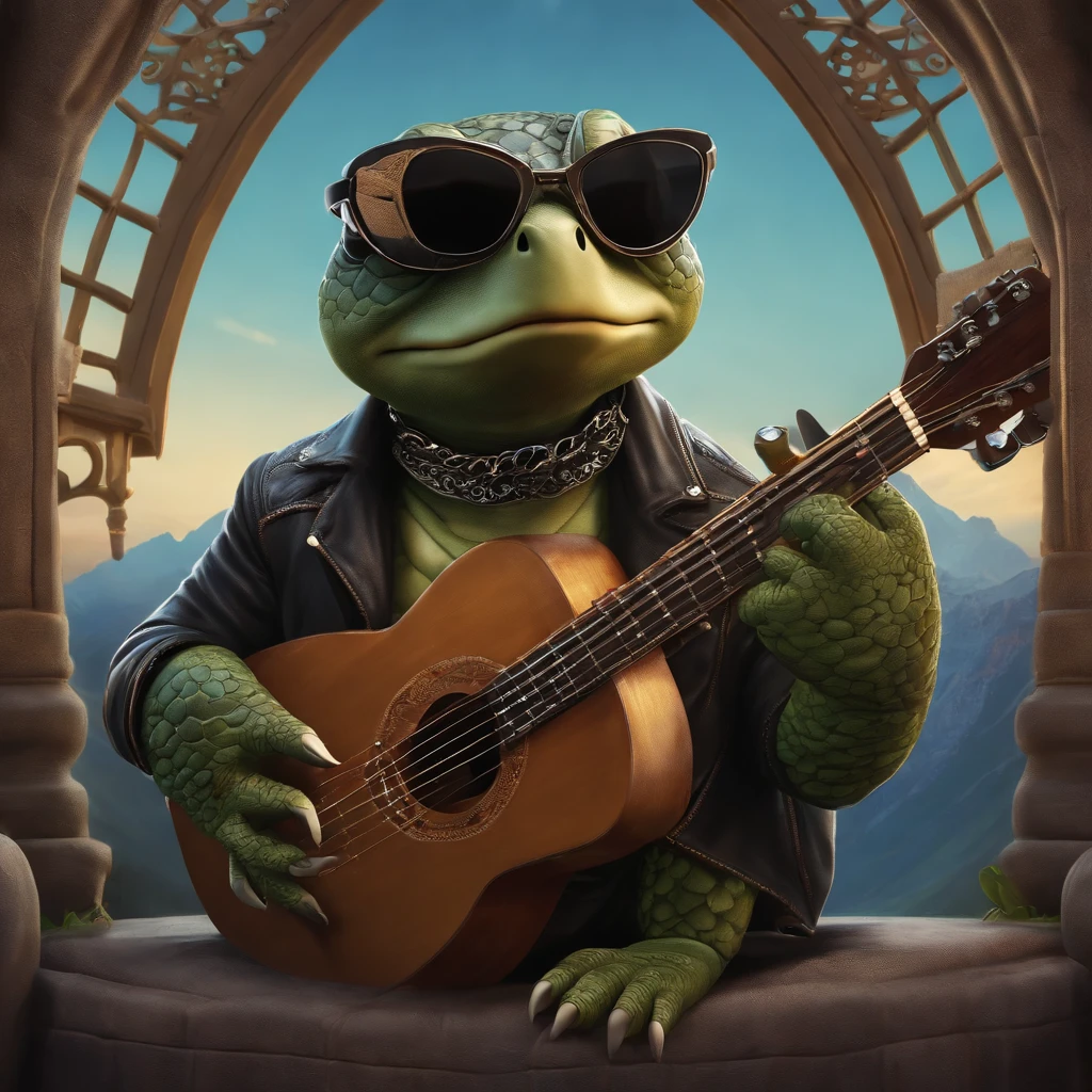 (1 dog (anthropomorphic turtle,))wearing a choker,with tattoos, sunglasses, Black leather jacket,black glove,(There are guitars),Masterpiece, Centered, symetry,expert, insanely details, 4K, composition, The frames, picure, Intricate, voluminetric lighting, Beautiful, rich deep colors masterpiece, Sharp focus, Ultra detailed, in the style of dan mumford and marc simonetti, astrophotography