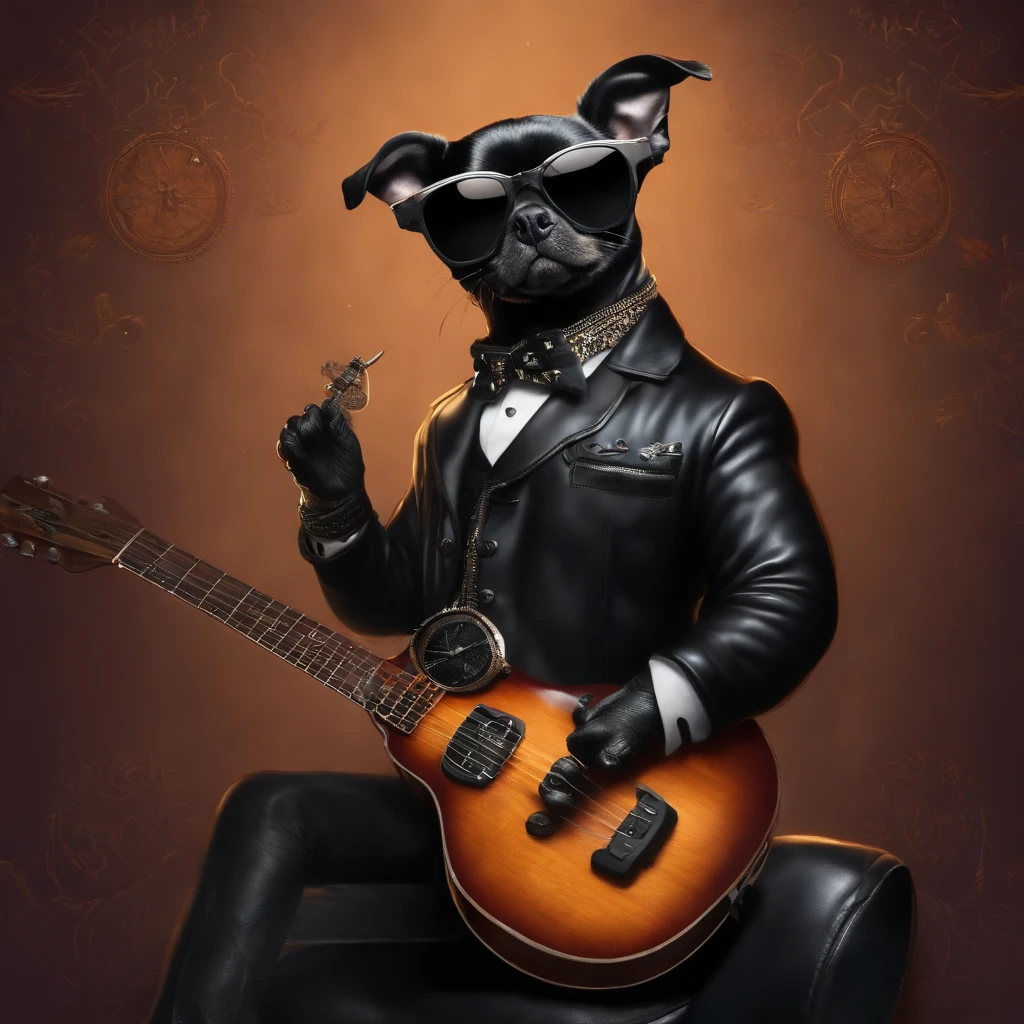 (1 dog (anthropomorphic turtle,))wearing a choker,with tattoos, sunglasses, Black leather jacket,black glove,(There are guitars),Masterpiece, Centered, symetry,expert, insanely details, 4K, composition, The frames, picure, Intricate, voluminetric lighting, Beautiful, rich deep colors masterpiece, Sharp focus, Ultra detailed, in the style of dan mumford and marc simonetti, astrophotography