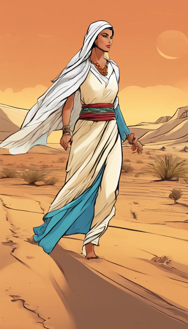 a woman running in the desert in typical Arab robes