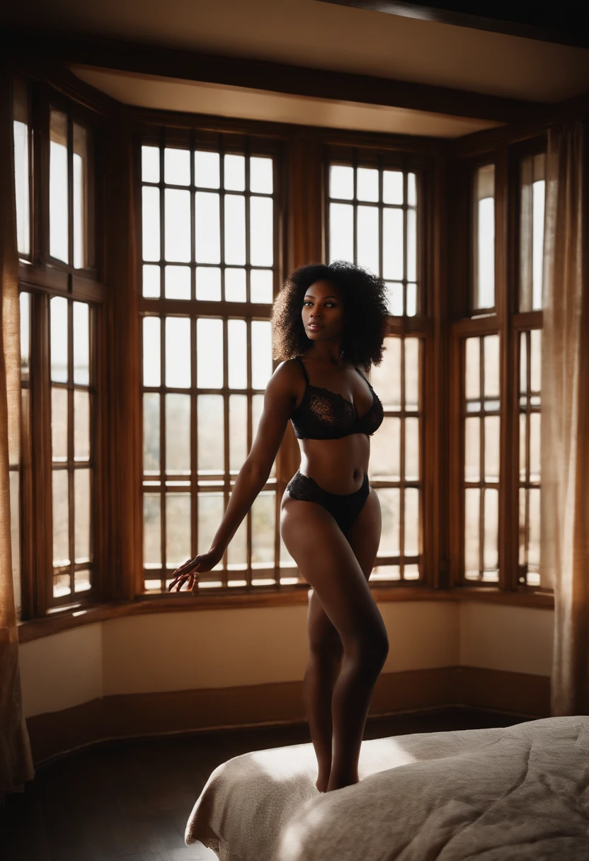 Black woman. The image features a woman standing in front of a window, wearing a black bra and black panties. She is posing for the camera, and her body is visible in the photograph. The woman has a slim figure and is wearing a black bra and black panties, which are both lacy. The setting is a bedroom, and the woman is standing in front of a window, which adds a sense of natural light and ambiance to the scene.
