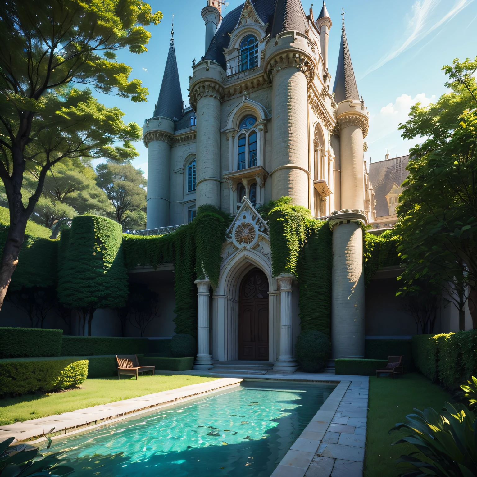 imagem de um castelo grande com jardim