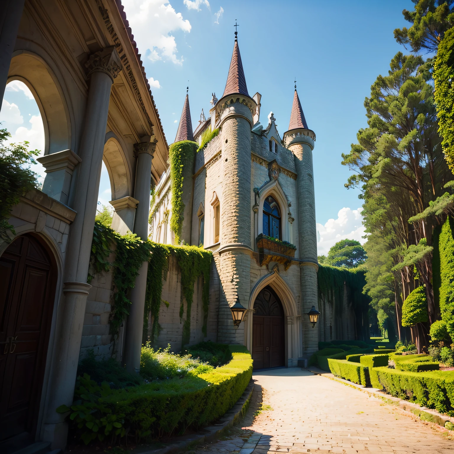 imagem de um castelo grande com jardim