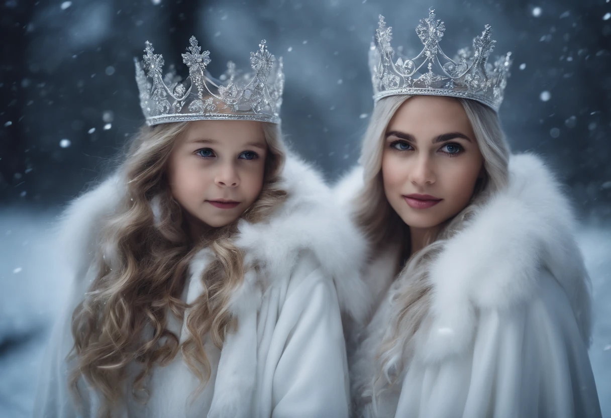 MOTHER AND DAUGHTERS WEARING WHITE ANGELIC CLOTHES, SILVER CROWNS, WINTER FAIRIES, WINTER, NIGHTTIME, SNOWING, DOG, 8K, intricate details, HDR, beautifully shot, realistic, sharp focus, 64 megapixels, perfect composition, high contrast, cinematic, 8K