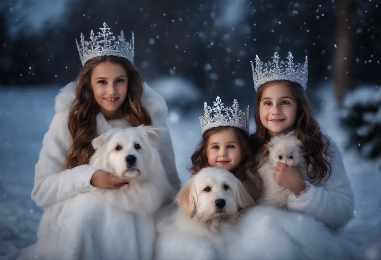 MOTHER AND DAUGHTERS WEARING WHITE ANGELIC CLOTHES, SILVER CROWNS, WINTER FAIRIES, WINTER, NIGHTTIME, SNOWING, DOG, 8K, intricate details, HDR, beautifully shot, realistic, sharp focus, 64 megapixels, perfect composition, high contrast, cinematic, 8K