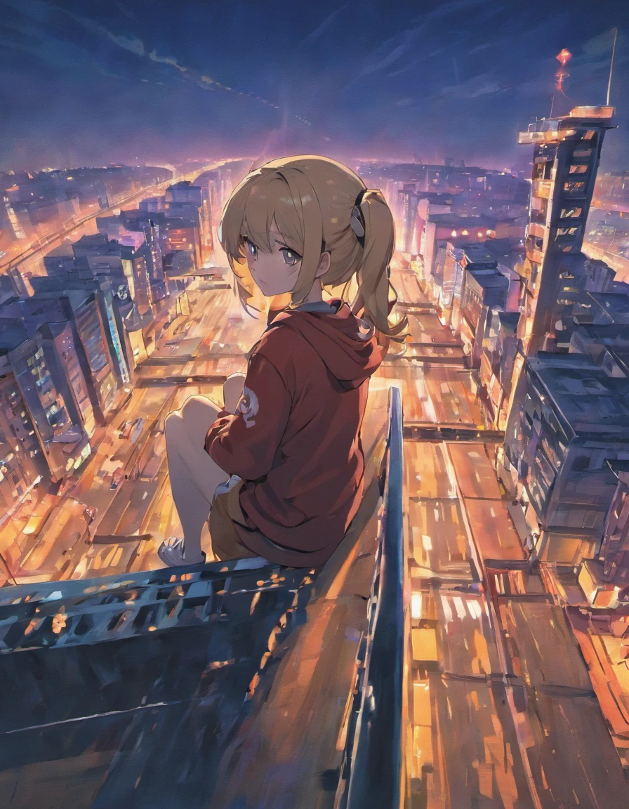"Create an anime scene where a character sits pensively on a bustling city bridge, gazing at the tranquil river below as the urban landscape surrounds them."