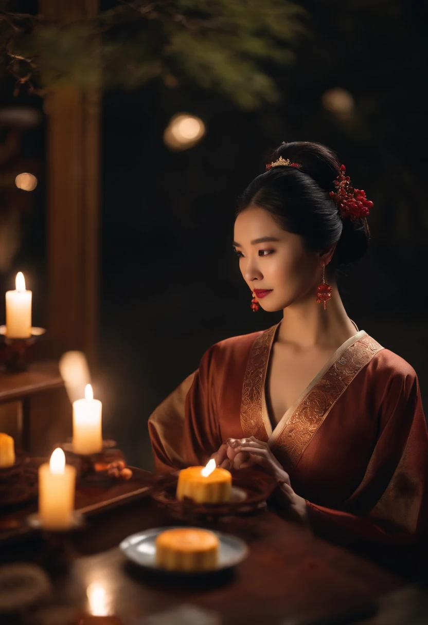 1womanl, 24 years of age,Chinese female celebrity,Chinese costumes,Gorgeous,the night,Ancient Chinese architecture,Chinese elements,Wooden dining table,((Mooncakes)),Mid-Autumn Festival elements,themoon,