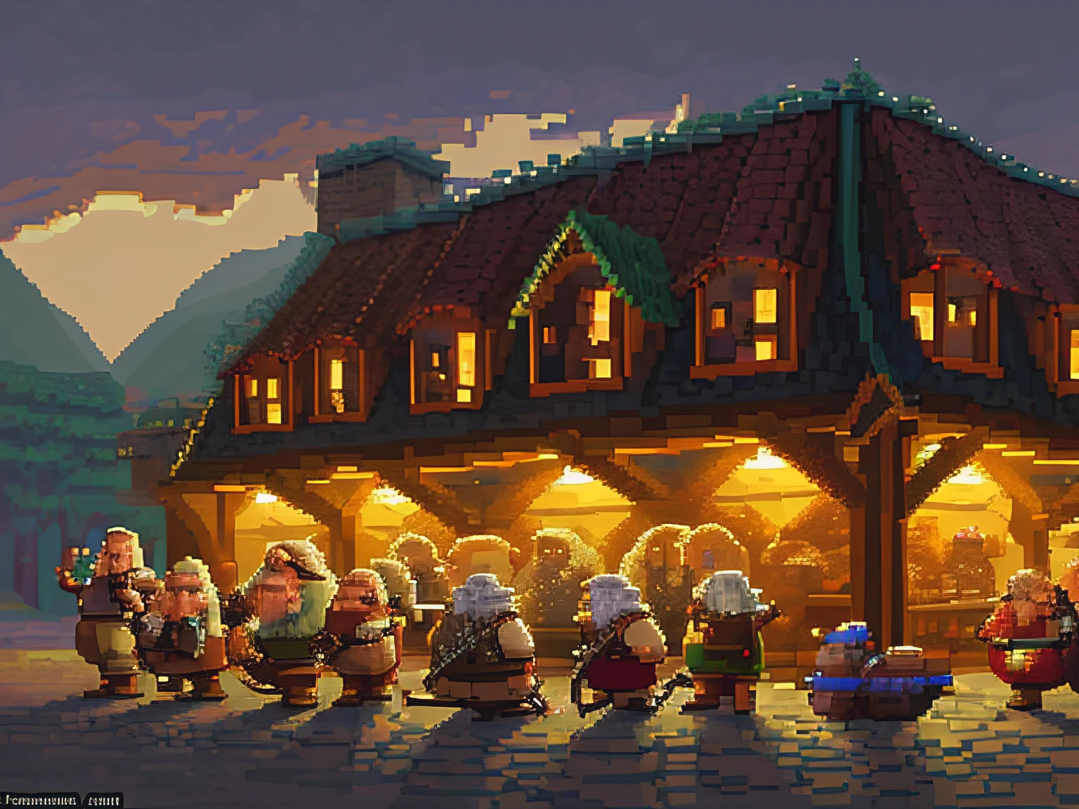 pixel art, evening light, low resolution, Tavern full of dwarves