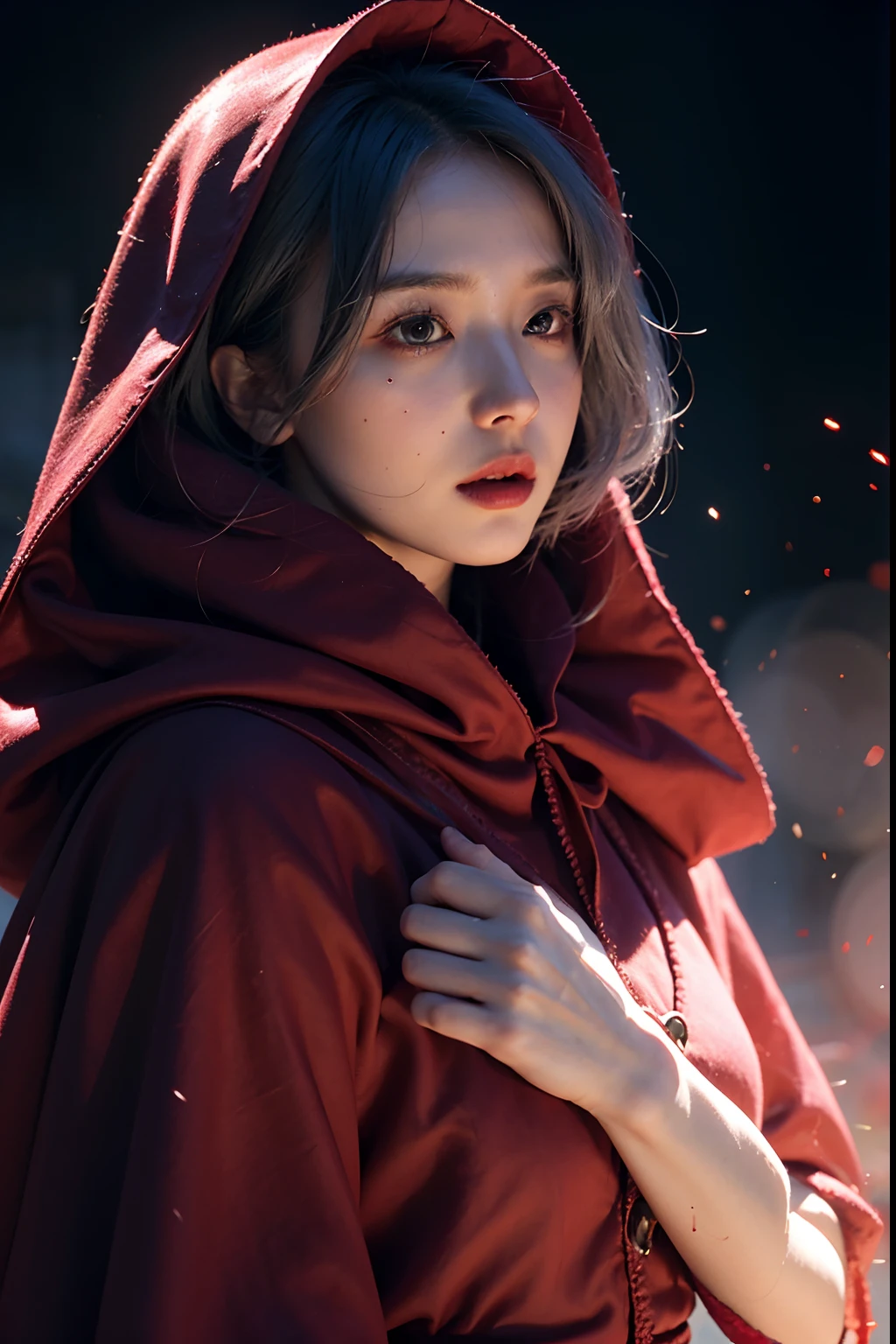 RAW photo, full sharp, (Full HD epic wallpaper) 8K UHD, Digital SLR, Soft lighting, High quality, filmgrain, Fujifilm XT3, hiqcgbody, (1人, Kizi:1.2), vulnerable, Red eyes, Gray hair, buzz cut, Style - Gravity magic, Portrait, Looking down, Solo, Half shot, Detailed background, Detailed face, Pale complexion,(( Lolita costume)), redcloak, Cape, Hood, malicious expression, The scarlet symbol rotates in the air,( Floating particles, Fire particles, particle fx), Skylight color scheme, Blood sacrifice, blood stain, red flames, the are In the background, Surrounded by a crimson mist, Sunset, symetrical composition, Epic atmosphere,