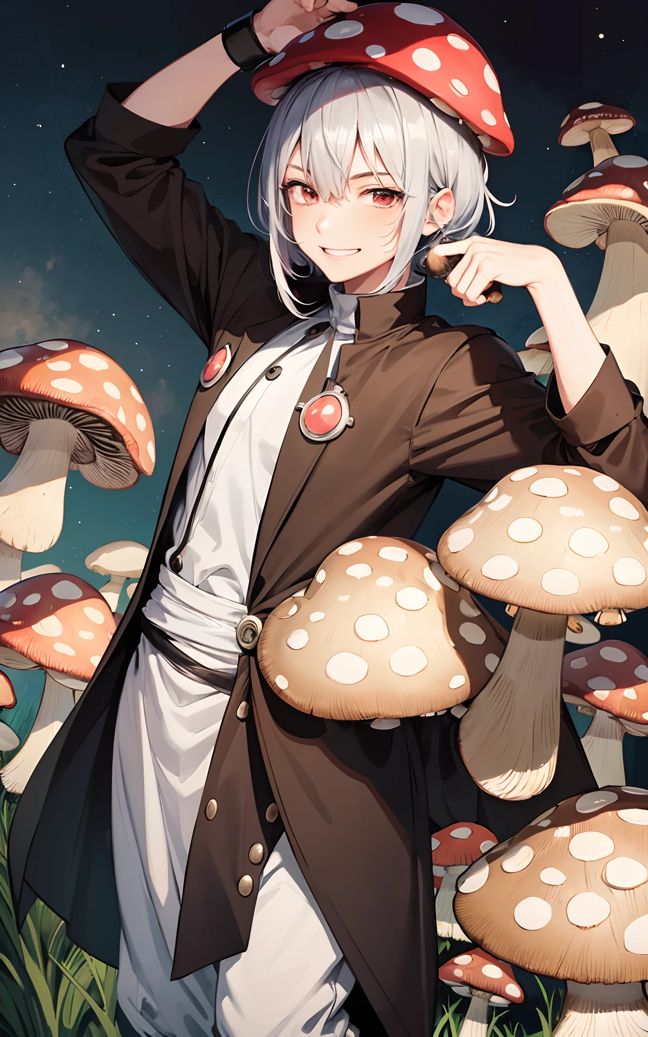 manga, (guy with mushroom on head:1.2), grin, silver hair,