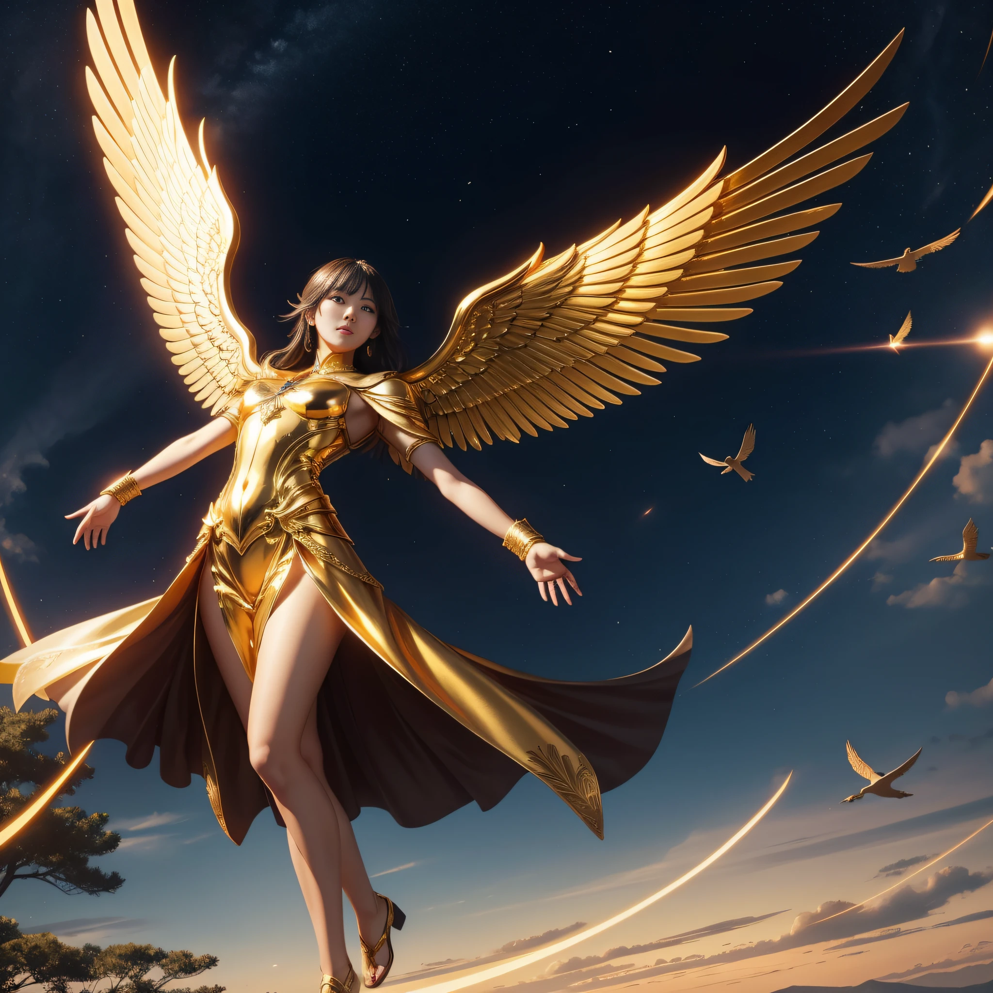 ((Brilliantly shining))、golden body、Golden spreading wings、crows、lead、Messenger of God