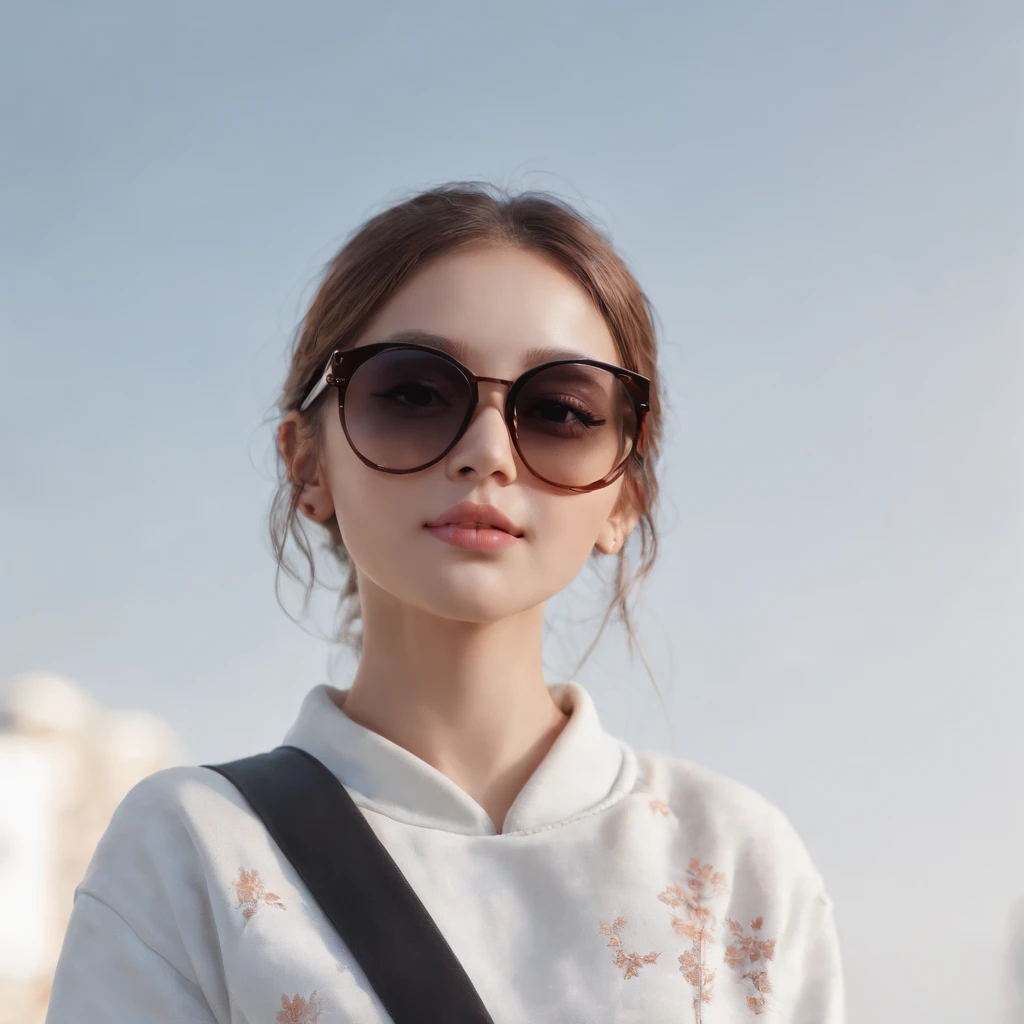 Perfect centering, A cute girl all over, Wear a student varsity jacket, Wearing sunglasses, Wearing headphones, cheerfulness, Standing position, Abstract beauty, Centered, Looking at the camera, Facing the camera, nearing perfection, Dynamic, Moonlight, Highly detailed, Digital painting, art stations, concept-art, smooth, Sharp focus, 8K, high definition resolution, illustration, Art by Carne Griffiths and Wadim Kashin, White background