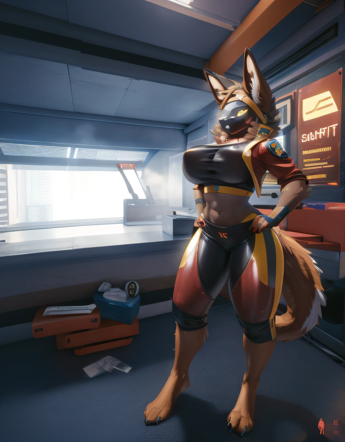 (masterpiece:1.2, best quality:1.2, 2D:1.2, sharp:1.2), (hotify), tail, yellow elements on fur, perfect anatomy, perfect eyes, perfect background, cyberpunk 2077, night city, (night_environment), apartment, (solo, full body shot), furry, protogen. protogen visor, protogen face, nsfw, pussy imprint, nipple imprint, multiple ears, white fur, dark red skin, big breasts, fit, thin waist, visible abs, sports bra, open yellow jacket, pants, skindentation