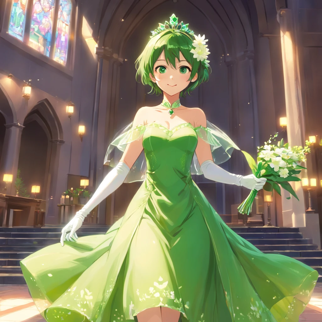 Green Dress Flower Cleanser,Sense of atmosphere, best qualtiy,tmasterpiece,1girll,30-years old,Green dress,Daytime Church,full body Esbian, Green gloves,masculine short hair,big breasts beautiful,looking at viewert,ssmile,Green Bridal Veil,Green Long Grove,Satin green long gloves, lipsticks, Pearl Necklace、Green gloves,emerald tiara, Thumbs up, Looking ahead from the camera, Detailed five-finger depiction