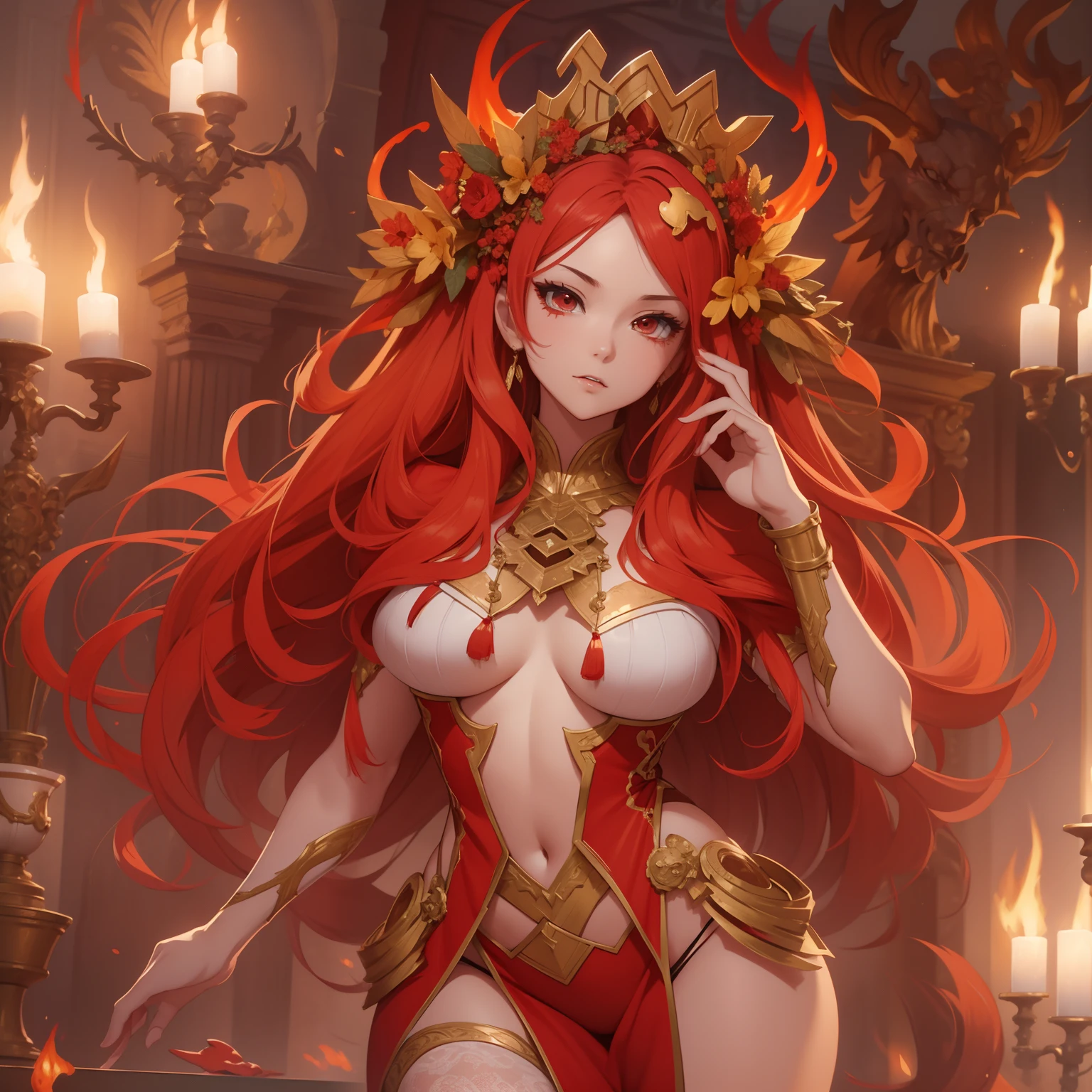 Masterpiece, Highest quality, Detailed face, CharacterDesignSheet,perfectly proportions,full bodyesbian, Full of details, Multiple poses and expressions, Highly detailed, long eyelasher,red colour,lacepantyhose, Surrounded by flames,High Balance,Natural light,Garland decoration