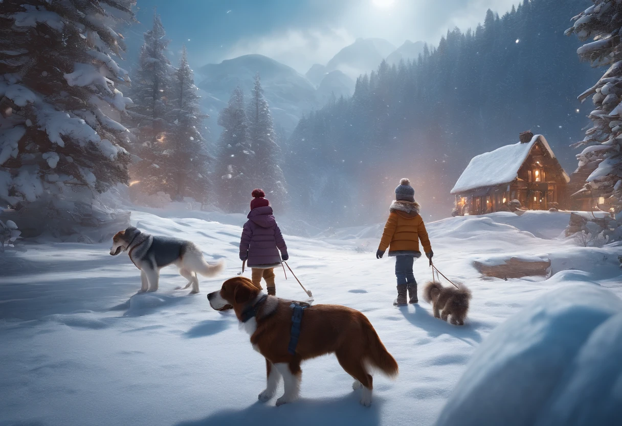 CHILDREN PLAYING IN THE SNOW, WINTER, SNOWING, DOG, 8K, detailed matte painting, deep color, fantastical, intricate detail, splash screen, complementary colors, fantasy concept art, 8k resolution trending on Artstation Unreal Engine 5"