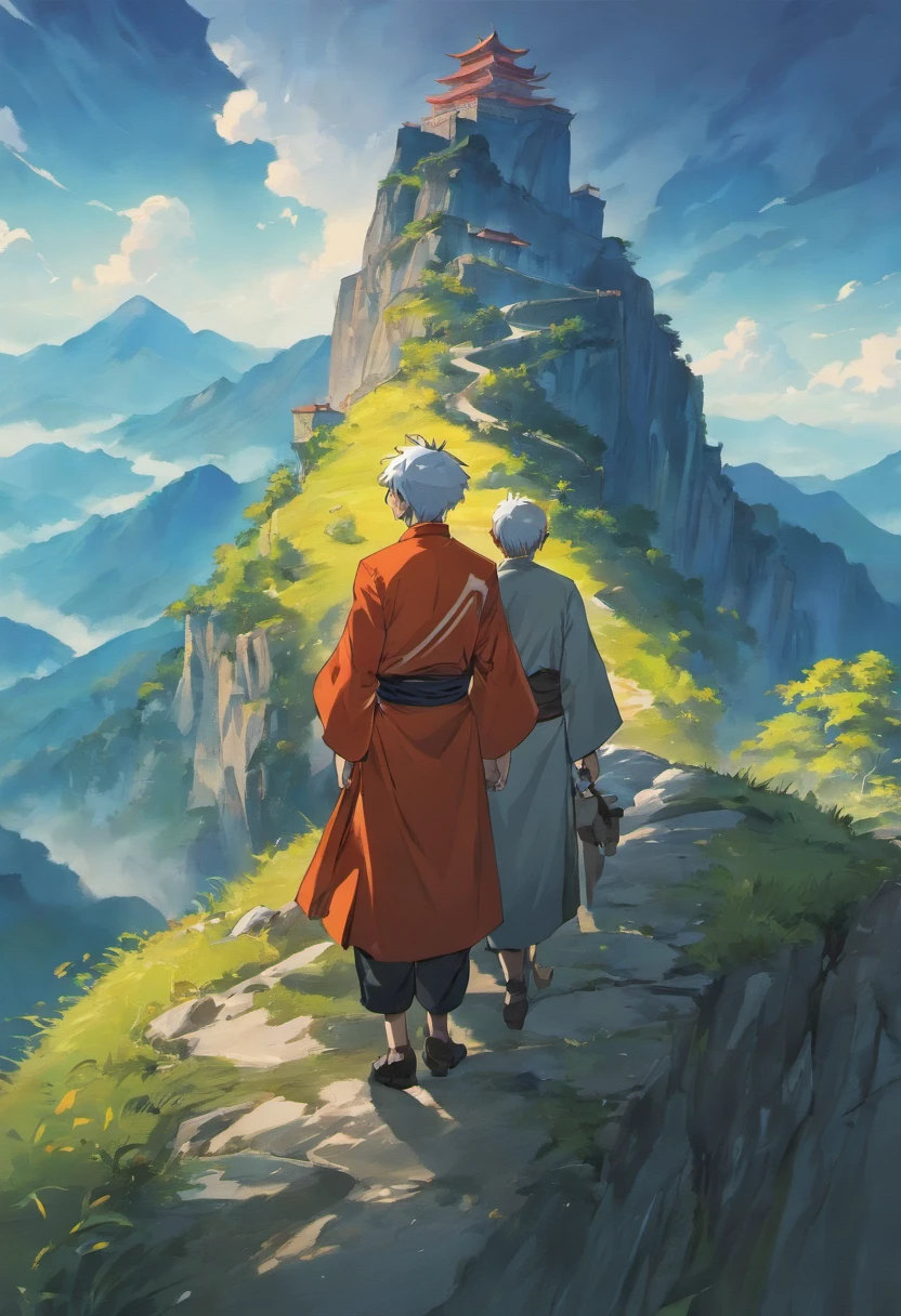 A European boy with an old Chinese man on a mountain