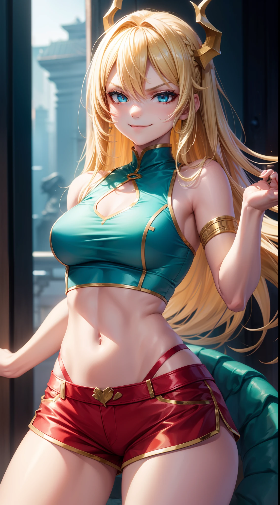 young girl, longue blonde hair, barrette, turquoise eyes, dragon tattoo, red tight uniform, Sleeveless, Wide neckline on the chest, Gold Elements, thongs, claws, smirk, Masterpiece, hiquality, 4k, HD, Good detail