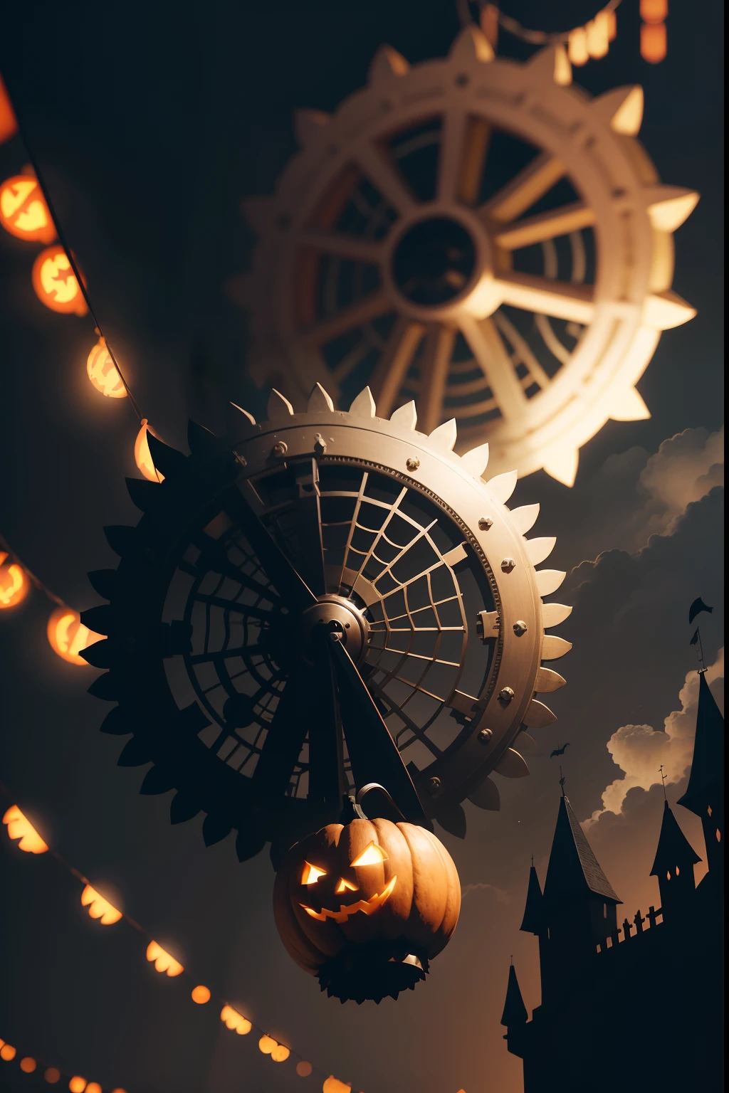 Halloween. Medieval times. An infinitely huge gear mechanism in close-up flies in the air high above the ground at an angle. Gears rotate the mechanism of the Halloween holiday. sparks. Lots of shadows of huge ghosts. Cinematic. super realistic. Blurred dark gloomy background. Clouds. Light haze.