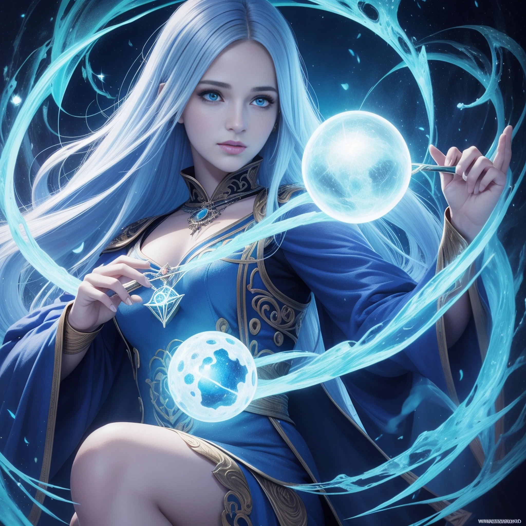 uma mulher com uma capa azul segurando uma bola brilhante, mago feminino, Retrato de um mago feminino, Female mage conjuring a spell, mago feminino!, Epic Character Wizard Girl, Arte do Jogo de Cartas de Fantasia, mago, Graphic artist Magali Villeneuve, Retrato de um Mago, feiticeira, mago da fantasia, feiticeira bonita, uma bela feiticeira