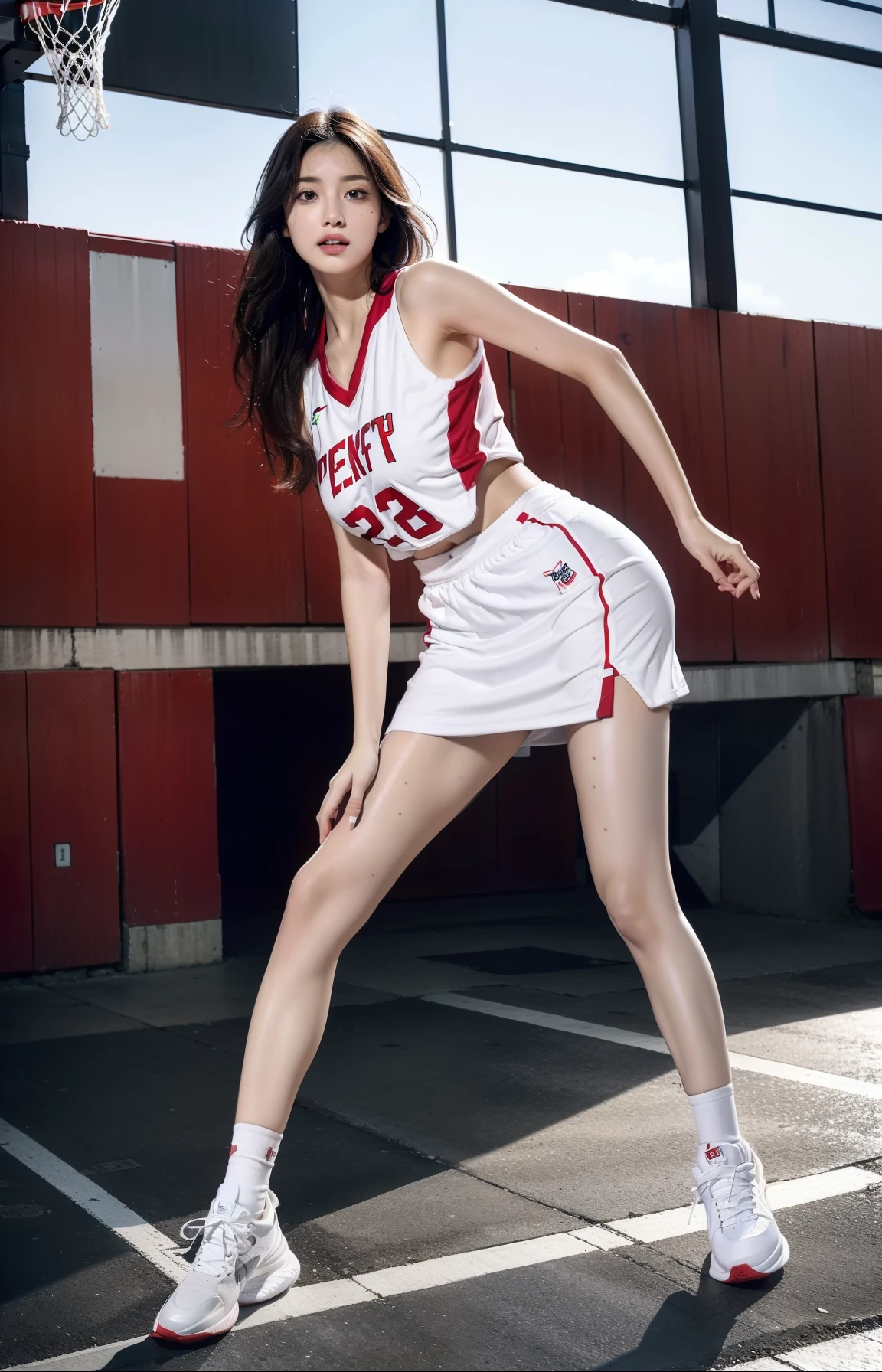 Top quality, 超高分辨率, (Photorealistic: 1.4), 8K resolution, (Woman in basketball uniform), (Random hair: 1.3), (photo-realistic hair: 1.2), (Realistic eyes: 1.2), (beautfully face: 1.3), (Large breasts:1.3), (Wet skin: 1.2),(Dynamic Angle:1.1)，（full bodyesbian)sweat leggs，at  basketball court，low chest，无袖，long leges(Playing the Basketball)White sneakers