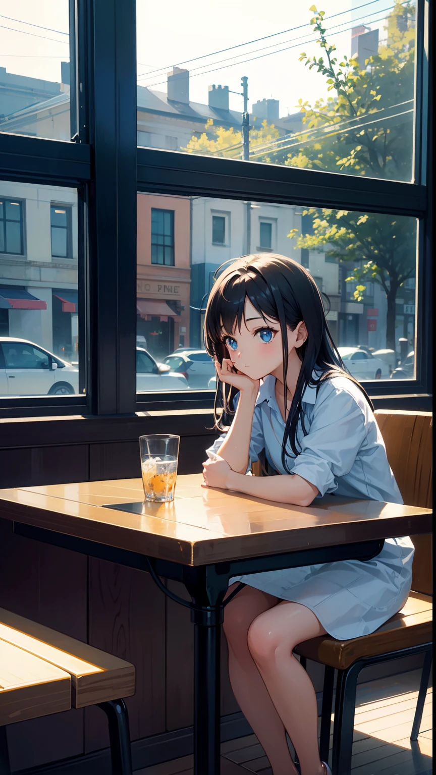 wallpaper, 1girl sitting in a coffe shop, table, window, cute, gorgeous, minimalistic