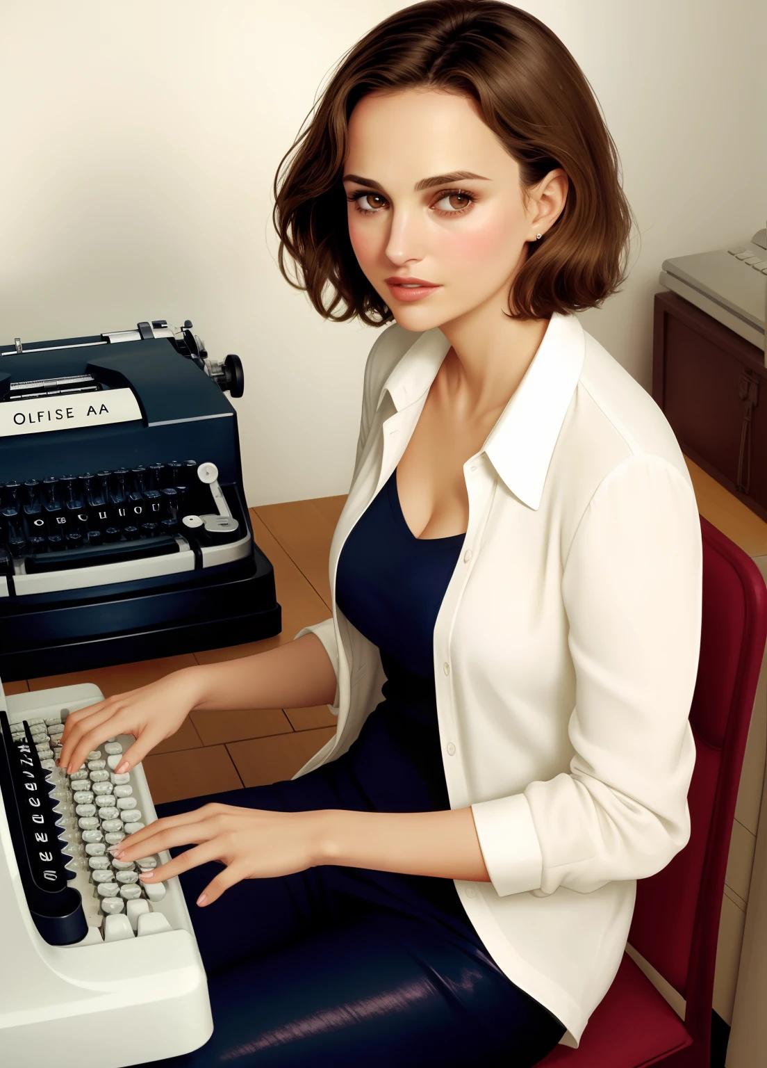 Sober OL Magazine Cover、Beautiful woman、Beautiful sober office lady、The face resembles Natalia Portman、Natalie Portman、short hair、Cabelos prateados、No trabalho、usando minissaia、veste uma camisa branca、Typing on a typewriter