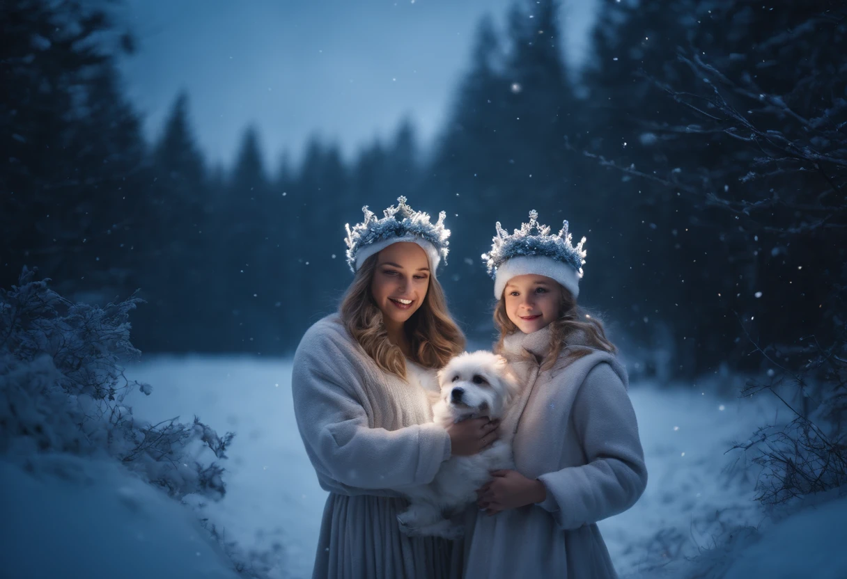 MOTHER AND DAUGHTERS DRESSED AS WINTER FAIRIES, WEARING WINTER CROWNS, WINTER, NIGHTTIME, SNOWING, DOG, 8K, intricate details, HDR, beautifully shot, realistic, sharp focus, 64 megapixels, perfect composition, high contrast, cinematic, 8K
