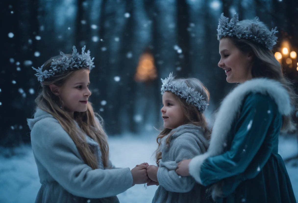 MOTHER AND DAUGHTERS DRESSED AS WINTER FAIRIES, WEARING WINTER CROWNS, WINTER, NIGHTTIME, SNOWING, DOG, 8K, intricate details, HDR, beautifully shot, realistic, sharp focus, 64 megapixels, perfect composition, high contrast, cinematic, 8K