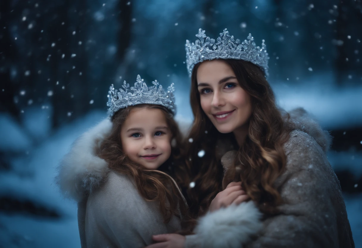 MOTHER AND DAUGHTERS DRESSED AS WINTER FAIRIES, WEARING WINTER CROWNS, WINTER, NIGHTTIME, SNOWING, DOG, 8K, intricate details, HDR, beautifully shot, realistic, sharp focus, 64 megapixels, perfect composition, high contrast, cinematic, 8K