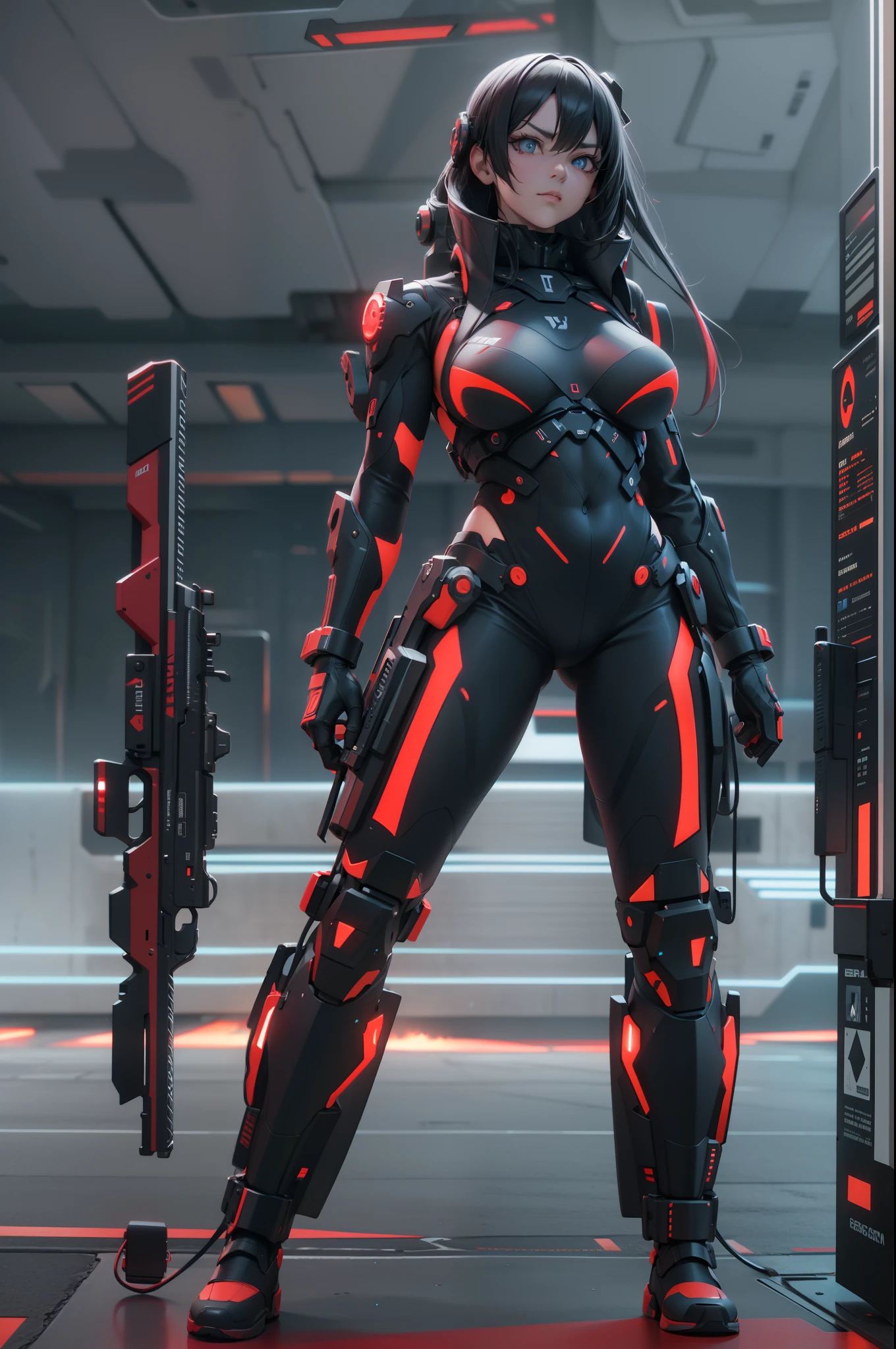 Muscle Special Forces Girl,radiant eyes, Wearing black special forces equipment, Gun in hand, full body Esbian, Shoot at knee level, Cyberpunk, neon light, Futuristic, surrealist, Red,。.。.。.。.3D, redshift, Maxon Cinema 4D, Quaixel Megascan Rendering, Doomsday color, Red light, Futuristic, 1/3, high detailing, Ultra High Quality, Illusion Engine, 8K,