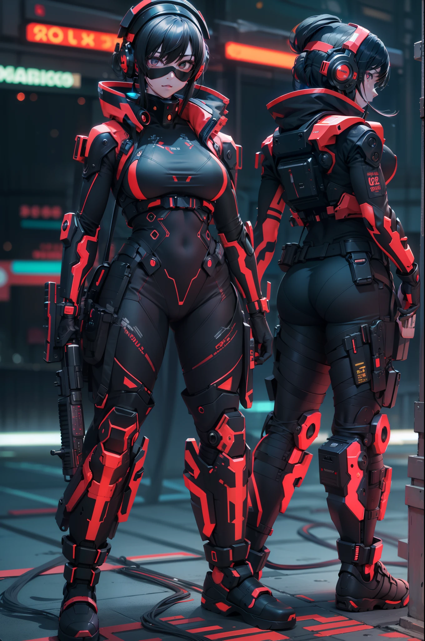 Muscle Special Forces Girl，radiant eyes,  Wearing black special forces equipment, Gun in hand, full body Esbian, Shoot at knee level, Cyberpunk, neon light, Futuristic, surrealist, Red，。.。.。.。.3D, redshift, Maxon Cinema 4D, Quaixel Megascan Rendering, Doomsday color, Red light, Futuristic, 1/3, high detailing, Ultra High Quality, Illusion Engine, 8K,