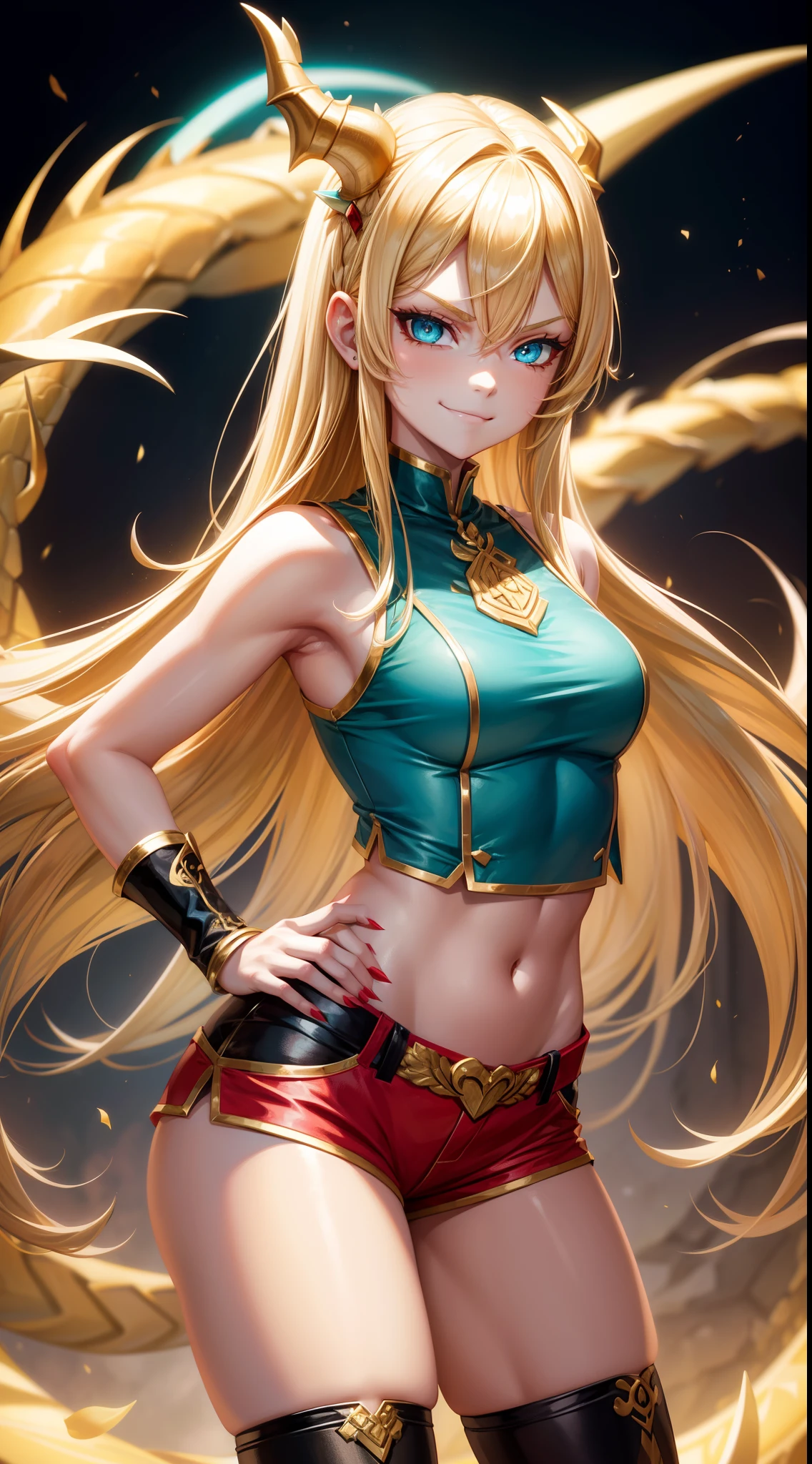 young girl, long blonde hair, barrette, turquoise eyes, dragon tattoo, dragon horns, red tight shirt, Gold Elements, pants, open hips, claws, smirk, Masterpiece, hiquality, 4k, HD, Good detail