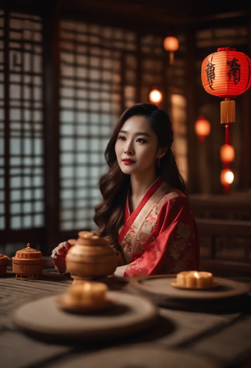 1womanl, 24 years of age，Chinese female celebrity，Chinese costumes，Gorgeous，the night，Ancient Chinese architecture，Chinese elements，Wooden dining table，((Mooncakes))，((Mid-Autumn Festival elements))，((themoon))，