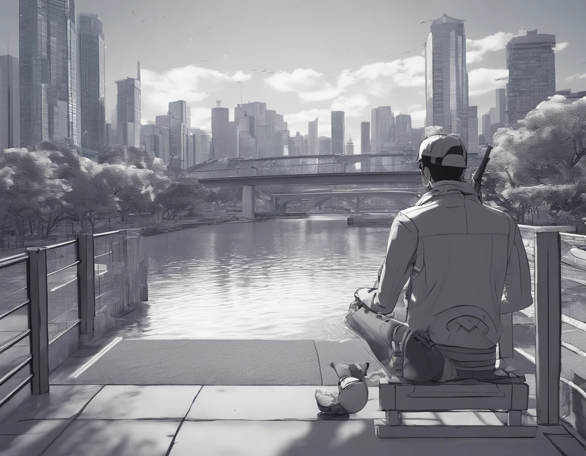 "Create an anime scene where a character sits pensively on a bustling city bridge, gazing at the tranquil river below as the urban landscape surrounds them." black and white, no color