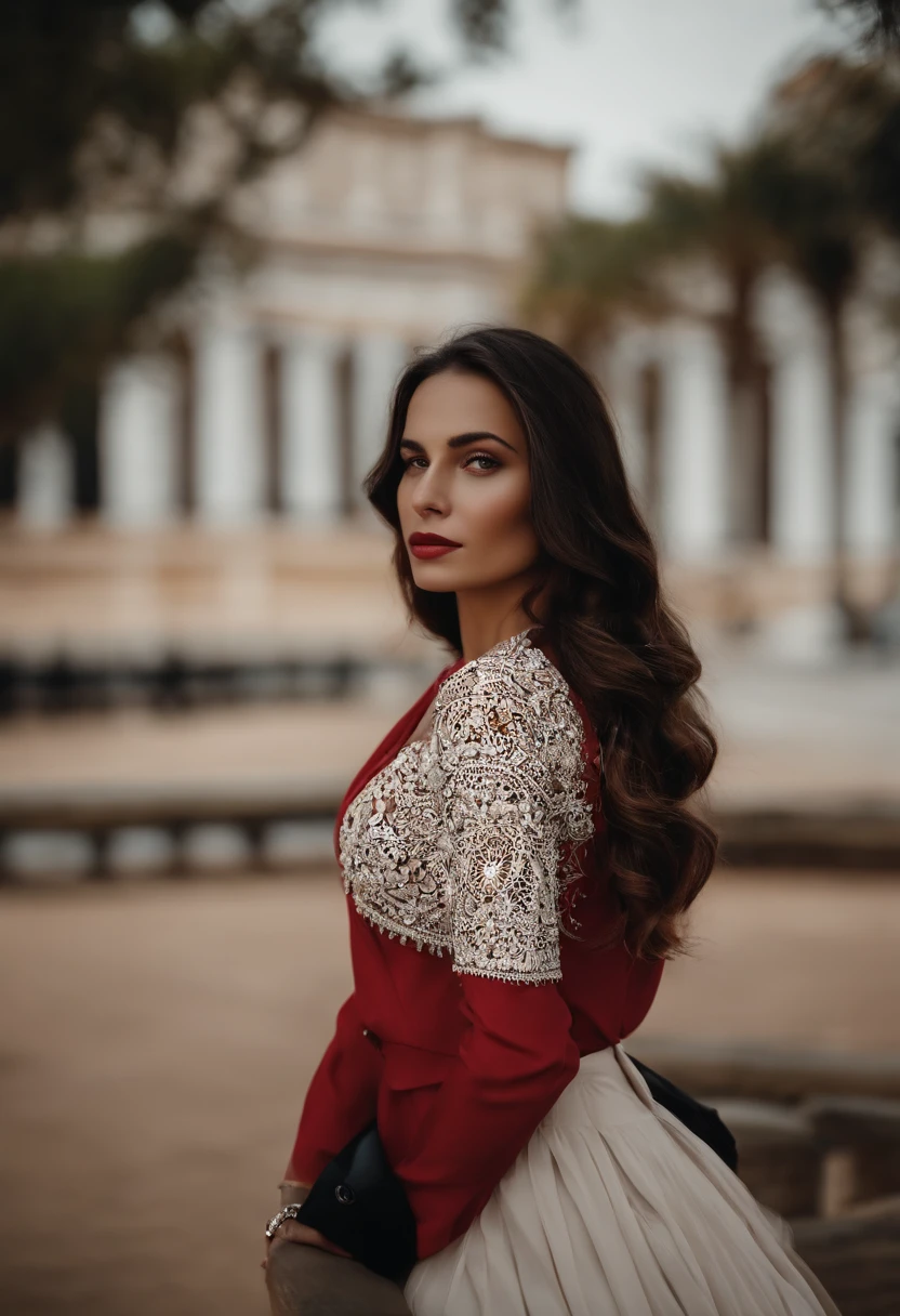 uma 1girl, corpo inteiro, Muito Detalhe, muitos detalhes, muito bonito,  ((tmasterpiece, minimalismo)), (Cabelos longos), gravata preta, camisa vermelha, cores vivas, Look into the distance, Capa de revista