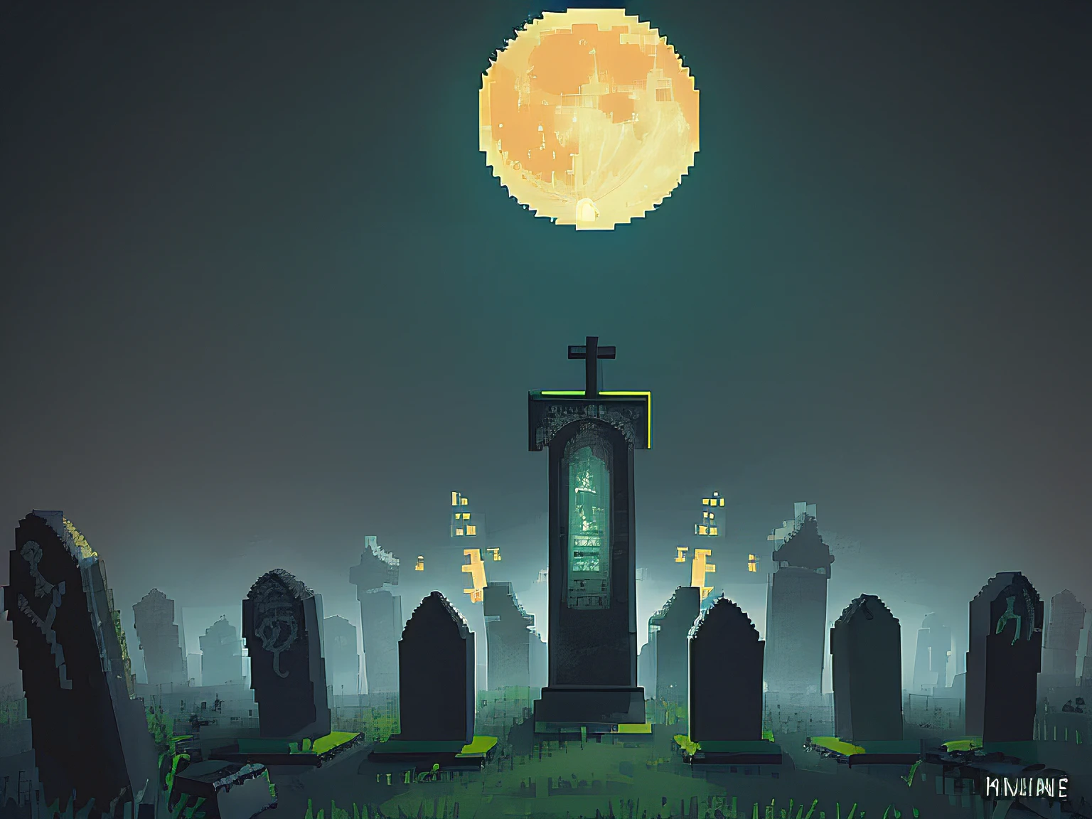 pixel art, moon light, low resolution, A graveyard full of zombies