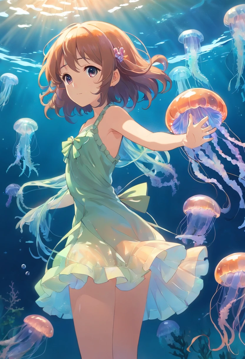 cute girl yeah,flat chest,kawaii,(jellyfish girl:1.2), arms behind back,underwater,frilled dress,