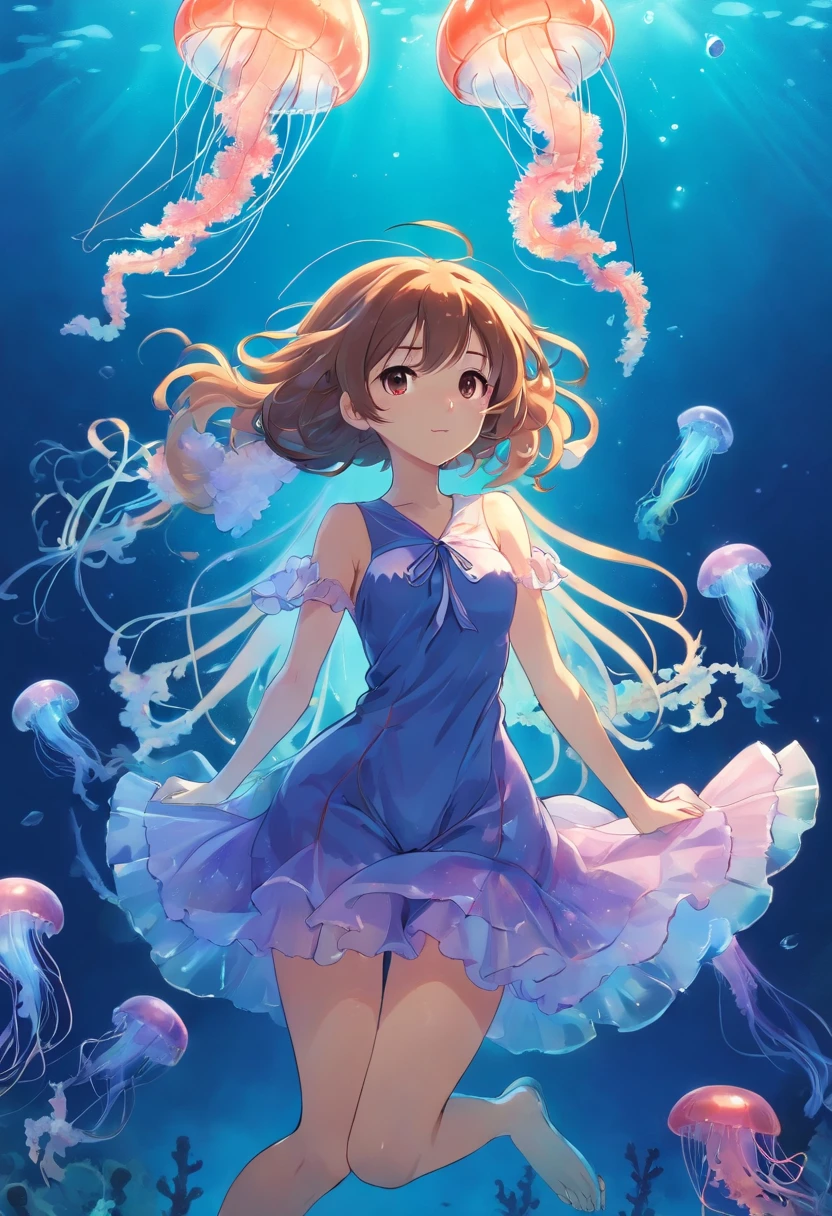 cute girl yeah,flat chest,kawaii,(jellyfish girl:1.2), arms behind back,underwater,frilled dress,