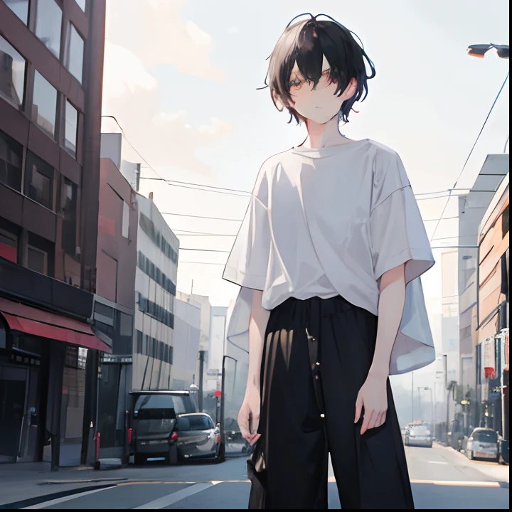 1 boy, black messy hair, tuby eyes, wearing gray baggy vintage pants, oversized white t-shirt, city, absurdres, high res, ultrasharp, 8k, masterpiece, looking at viewer, standing in the middle