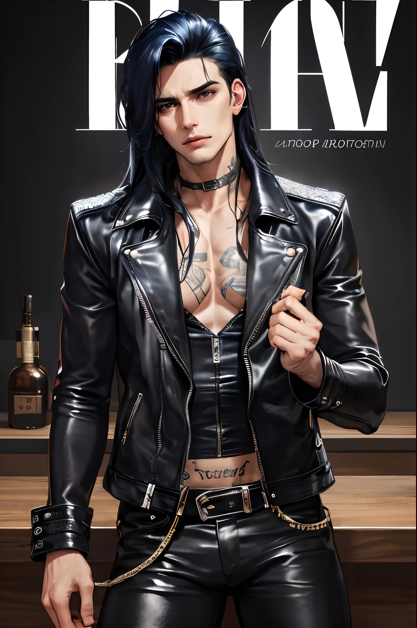 cover for a book, photography of a heavy metal star, a solo man, (((man))), (masculine face), 25 years old, singer, bad boy, (black eyes), expressive look, long dark blue black hair, (((bar background))), straight hair, blueshine hair, unshaven, black leather jacket, long sleve jacket, leather pants, chest tattoo, super detailed face, perfect body, perfect shapes, realistic image, award winning photography, 8k,