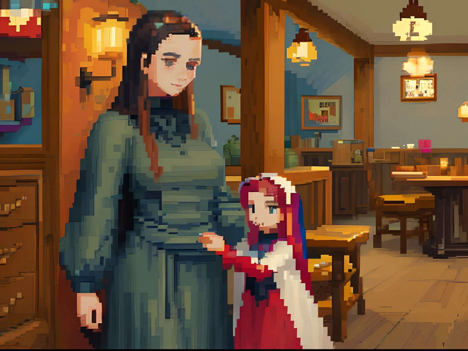 pixel art,  low resolution, An inn where a widow, beautiful woman and a cute daughter are keepers