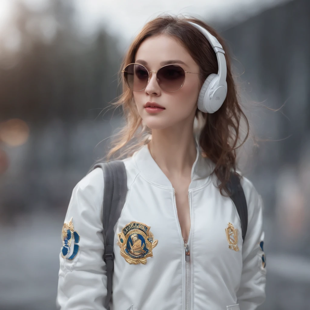 Perfect centering, A cute girl all over, Wear a student varsity jacket, Wearing sunglasses, Wearing headphones, cheerfulness, Standing position, Abstract beauty, Centered, Looking at the camera, Facing the camera, nearing perfection, Dynamic, Moonlight, Highly detailed, Digital painting, art stations, concept-art, smooth, Sharp focus, 8K, high definition resolution, illustration, Art by Carne Griffiths and Wadim Kashin, White background