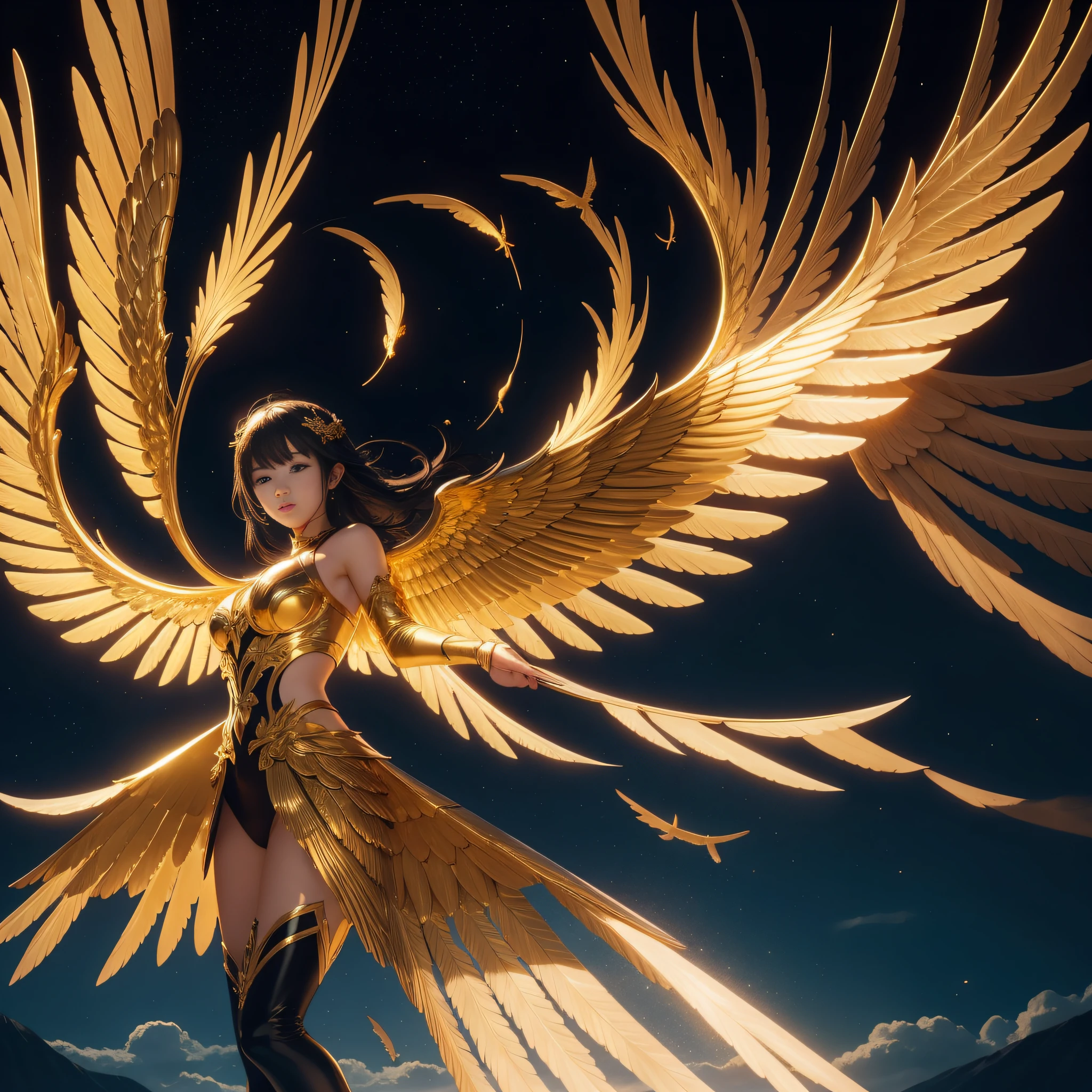 ((Brilliantly shining))、golden body、Golden Spreading Wings、crows、lead、Messenger of God
