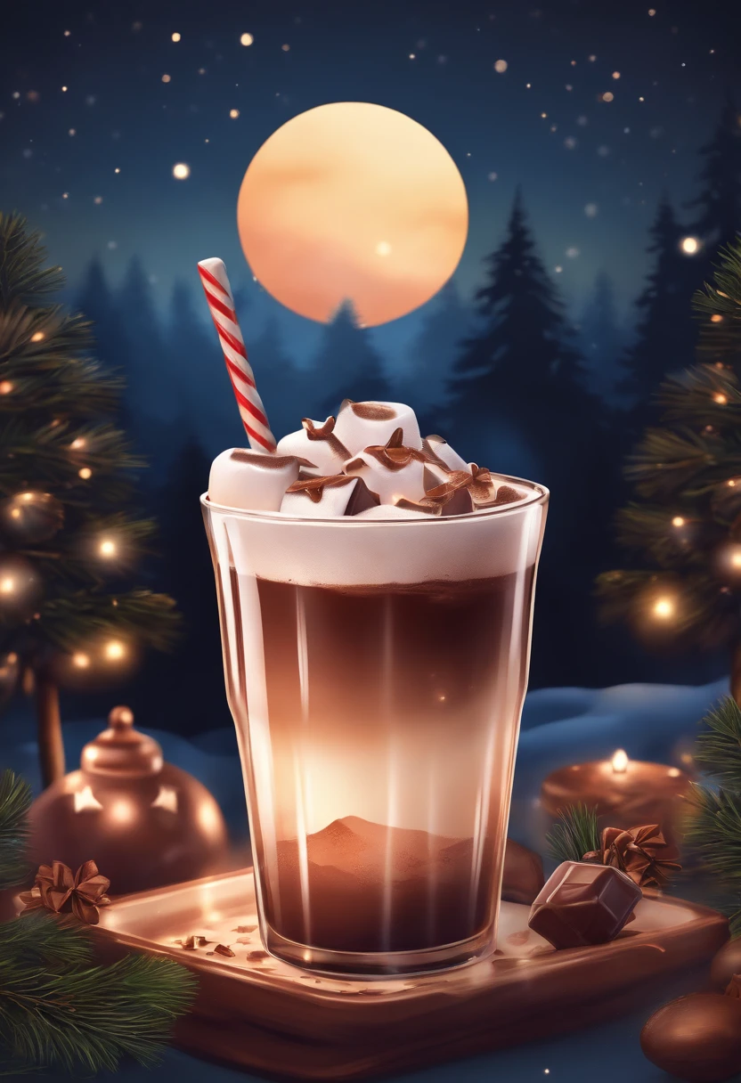 Arts work of beautiful design, Christmas chocolate drink with mashmallow, spruces, sunset, flat illustration, vibrant, vintage drawing, bokeh background, 8k