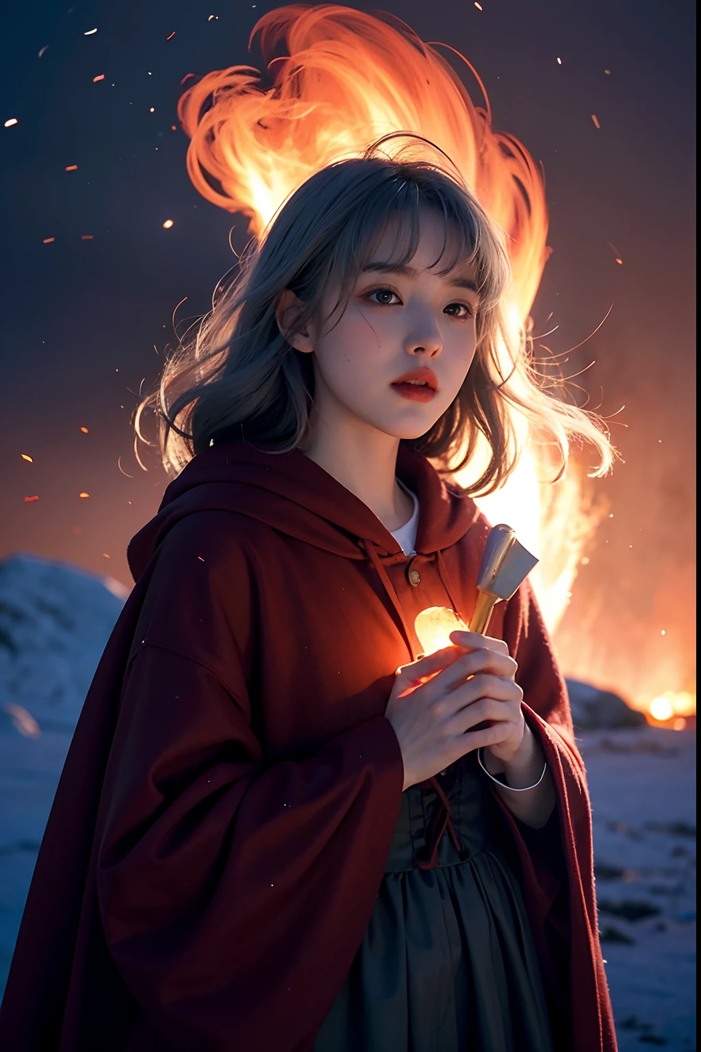 RAW photo, full sharp, (Full HD epic wallpaper) 8K UHD, Digital SLR, Soft lighting, High quality, filmgrain, Fujifilm XT3, hiqcgbody, (1人, Kizi:1.2), vulnerable, Red eyes, Gray hair, buzz cut, Style - Gravity magic, Portrait, Looking down, Solo, Half shot, Detailed background, Detailed face, Pale complexion,(( Lolita costume)), redcloak, Cape, Hood, malicious expression, The scarlet symbol rotates in the air,( Floating particles, Fire particles, particle fx), Skylight color scheme, Blood sacrifice, blood stain, red flames, the are In the background, Surrounded by a crimson mist, Sunset, symetrical composition, Epic atmosphere,(Snow,Good news of the fire),